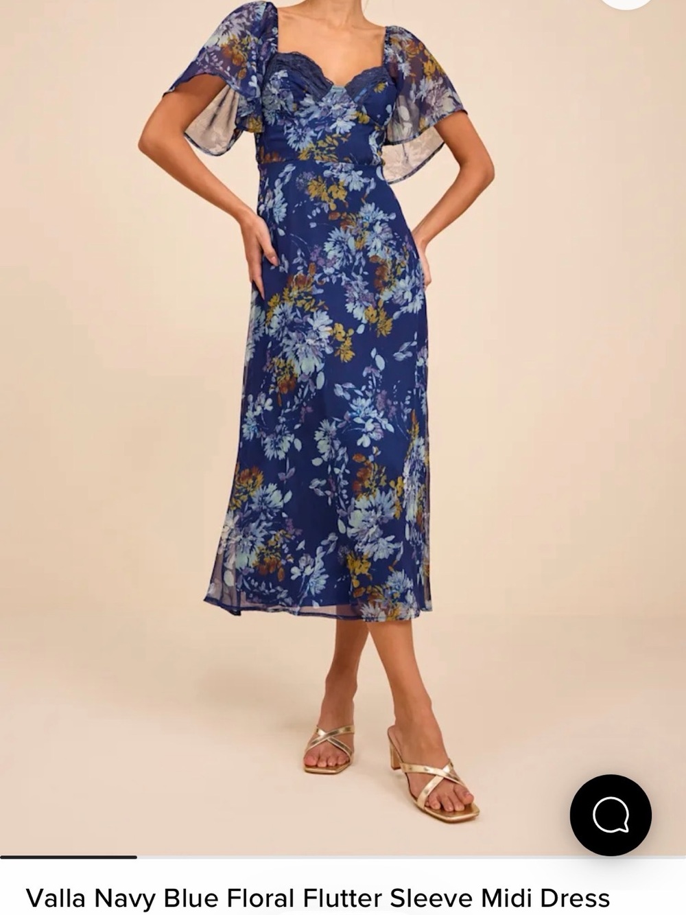 Lulus Navy Blue Floral Flutter Sleeve Midi Dress